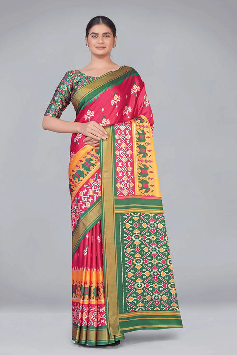 Pink & Green Patola With Digital Printed Saree Clothsvilla Main image