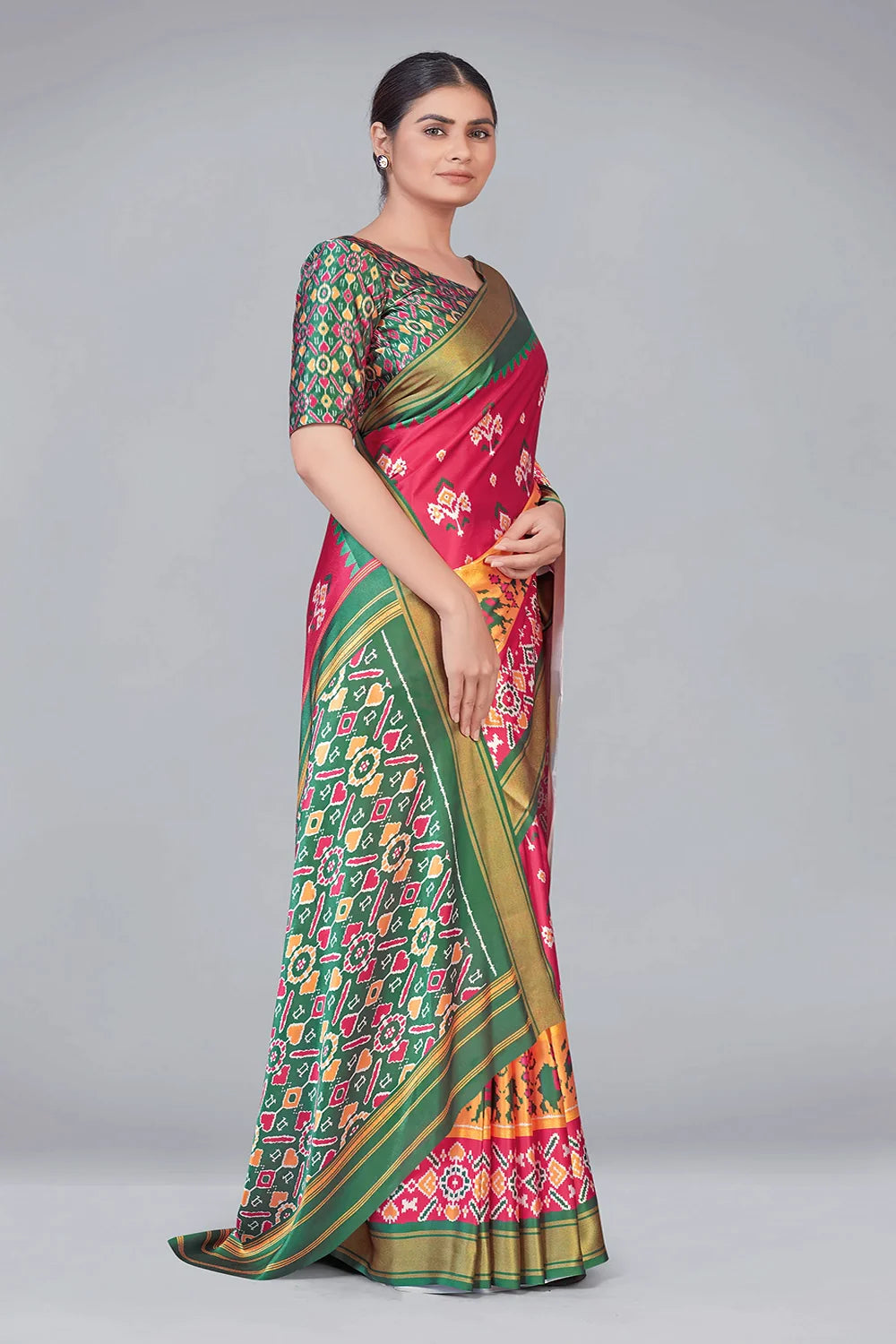 Pink & Green Patola With Digital Printed Saree Clothsvilla