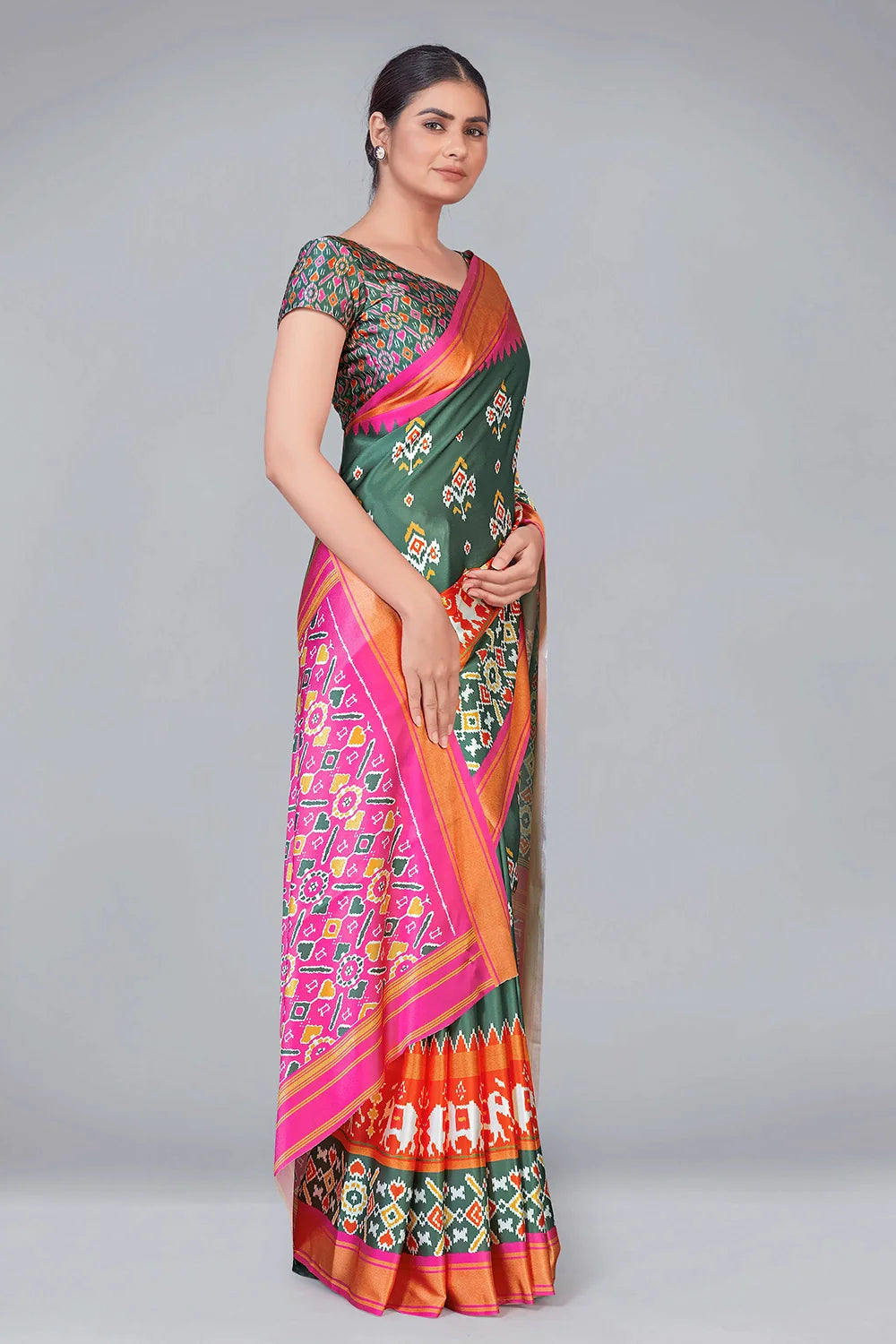 Greasy Green & Pink Patola With Digital Printed Saree Clothsvilla