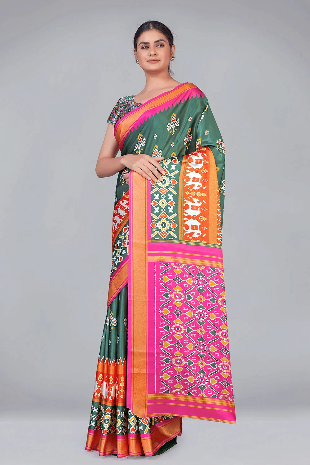Greasy Green & Pink Patola With Digital Printed Saree Clothsvilla