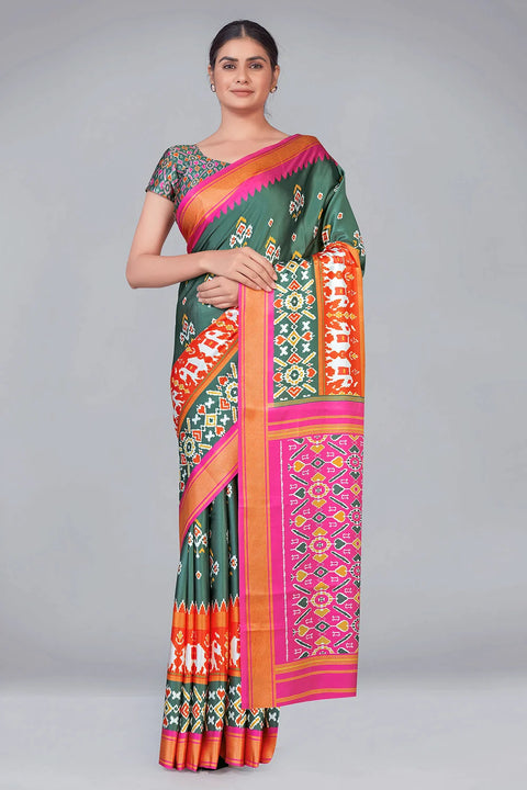 Greasy Green & Pink Patola With Digital Printed Saree Clothsvilla Main image