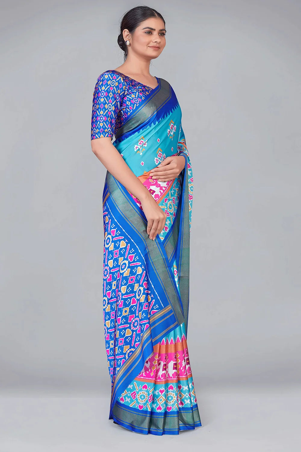 Sky Blue Patola With Digital Printed Saree Clothsvilla