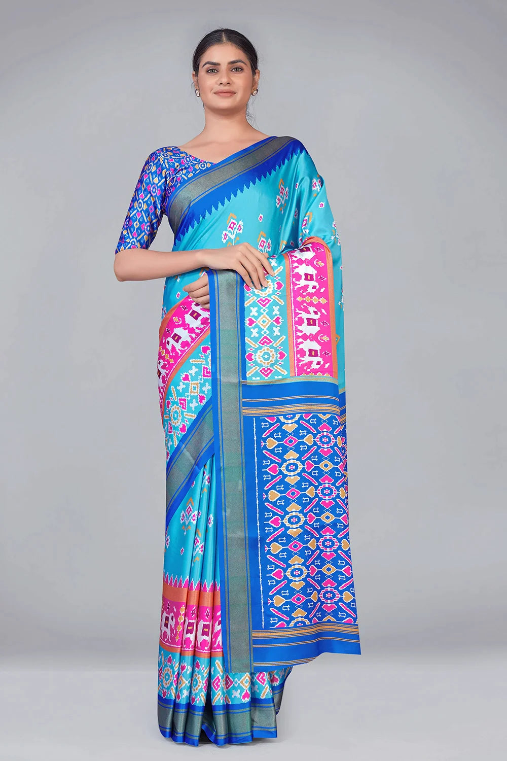 Sky Blue Patola With Digital Printed Saree Clothsvilla