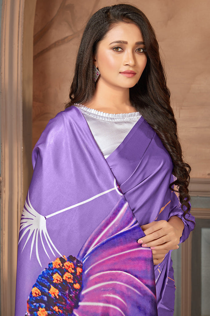 Purple Digital Printed With Satin Saree Clothsvilla