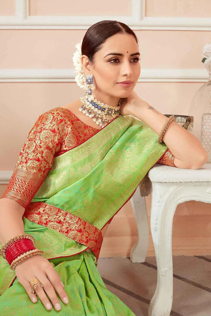 Green Banarasi Silk Saree With Zari Weaving Work Clothsvilla