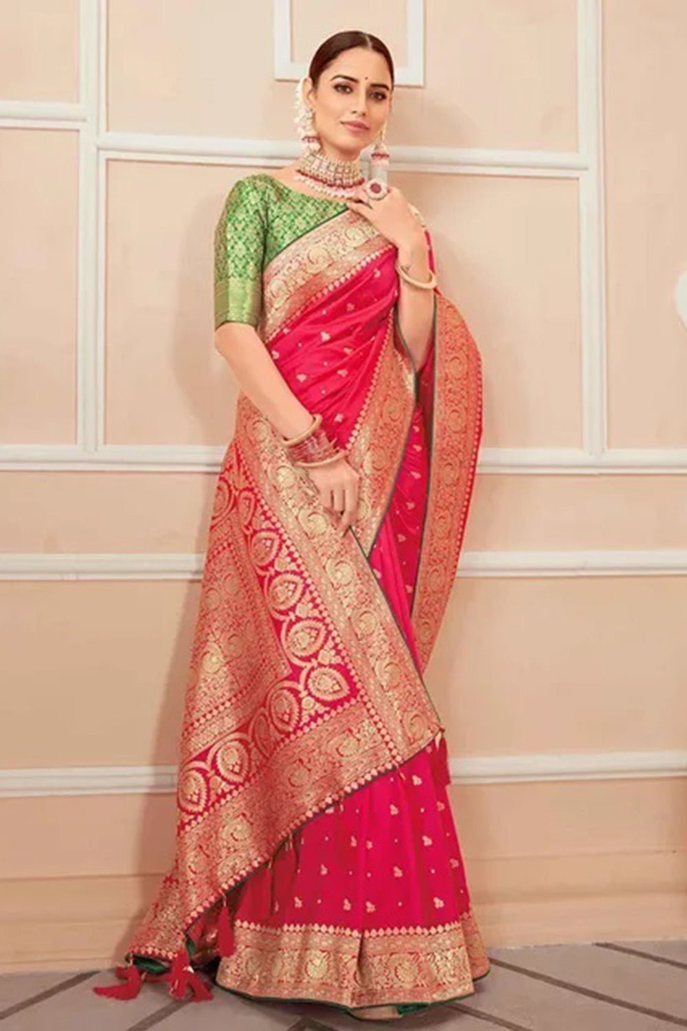 Pink Banarasi Silk Saree With Zari Weaving Work Clothsvilla Main image