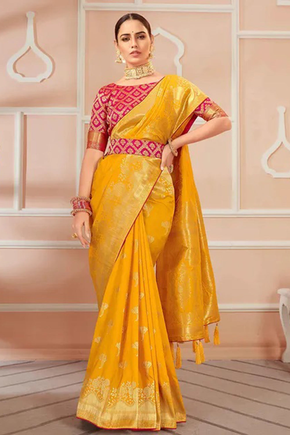 Yellow Banarasi Silk Saree With Zari Weaving Work Clothsvilla Main image
