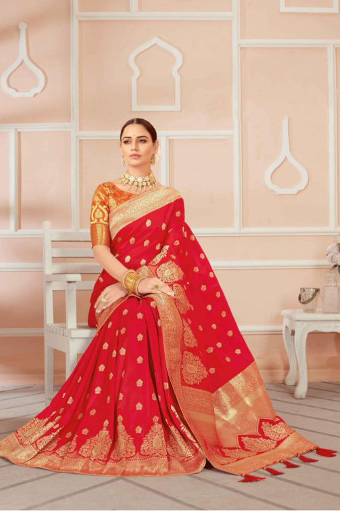 Red Banarasi Silk Saree With Zari Weaving Work Clothsvilla