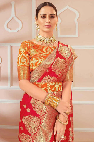 Red Banarasi Silk Saree With Zari Weaving Work Clothsvilla