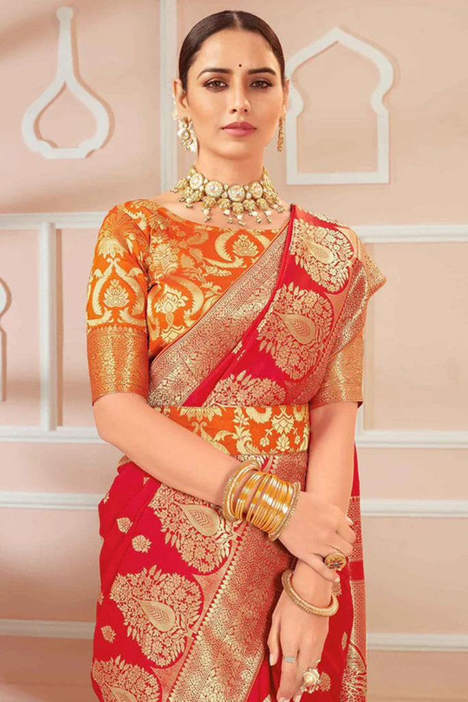 Red Banarasi Silk Saree With Zari Weaving Work Clothsvilla