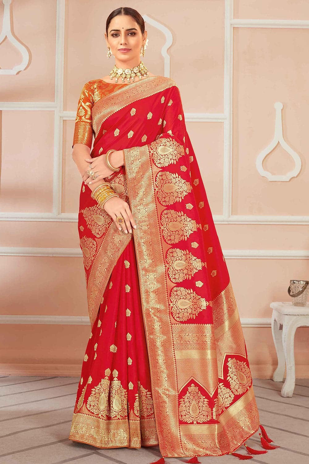 Red Banarasi Silk Saree With Zari Weaving Work Clothsvilla
