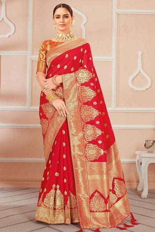 Red Banarasi Silk Saree With Zari Weaving Work Clothsvilla