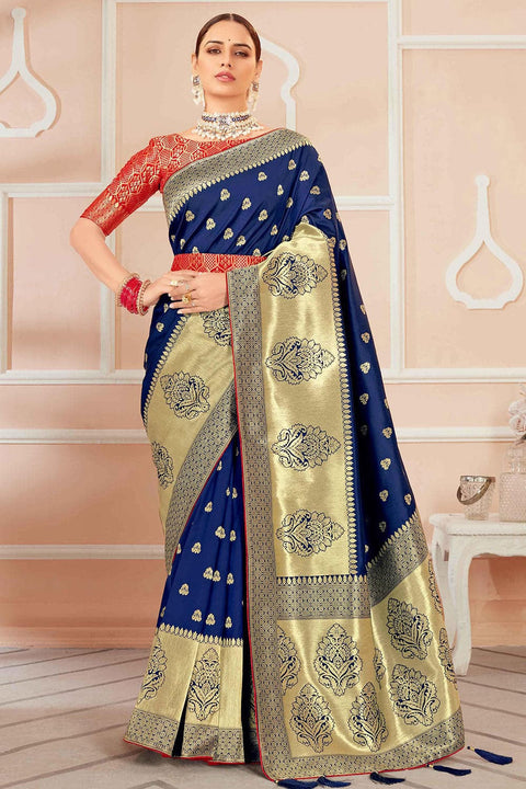 Blue Banarasi Silk Saree With Zari Weaving Work Clothsvilla Main image