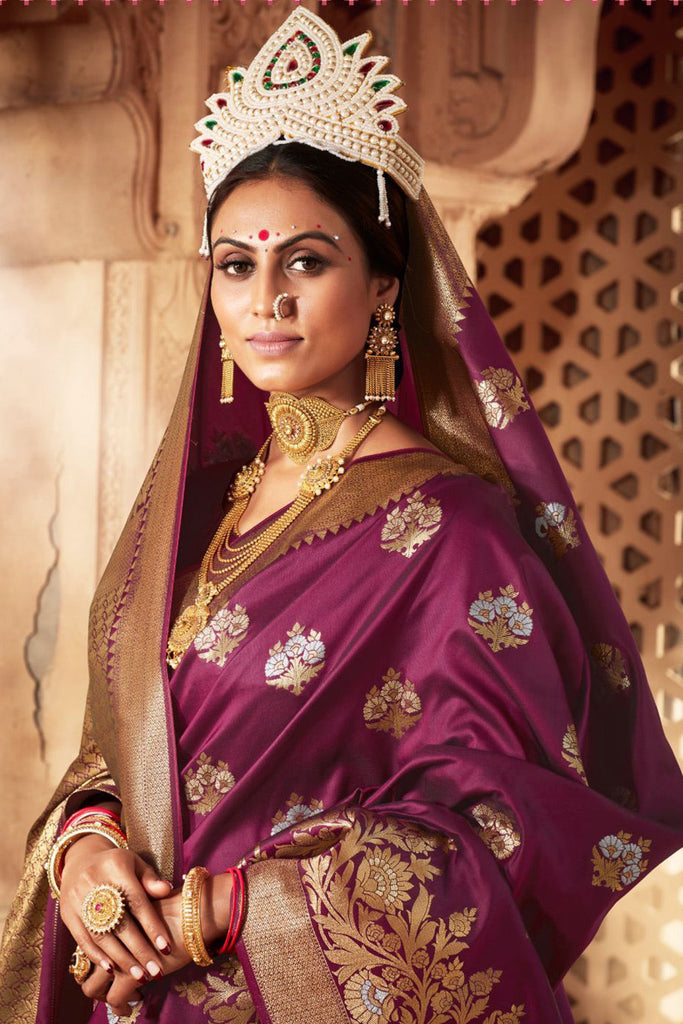 Wine Banarasi Silk Saree With Zari Weaving Work Clothsvilla