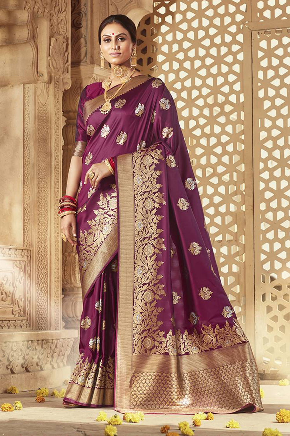 Wine Banarasi Silk Saree With Zari Weaving Work Clothsvilla Main image