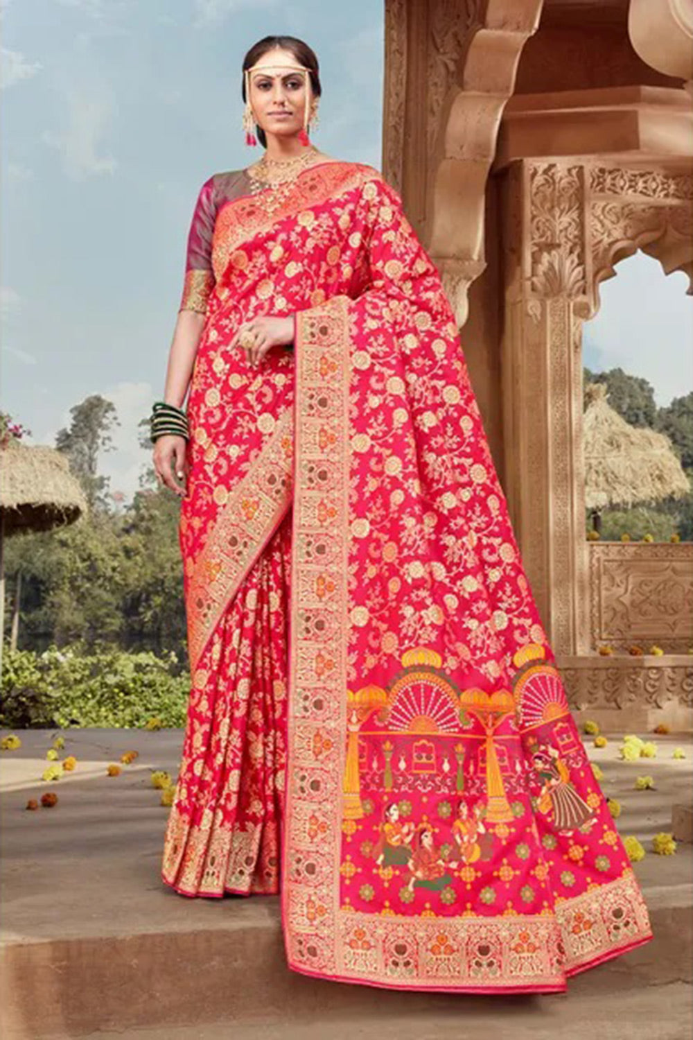 Buy Women's Pure Katan Banarasi Silk Saree Floral Heavy Jaal Work With  Traditional Design-Yellow Pink Rani at Amazon.in