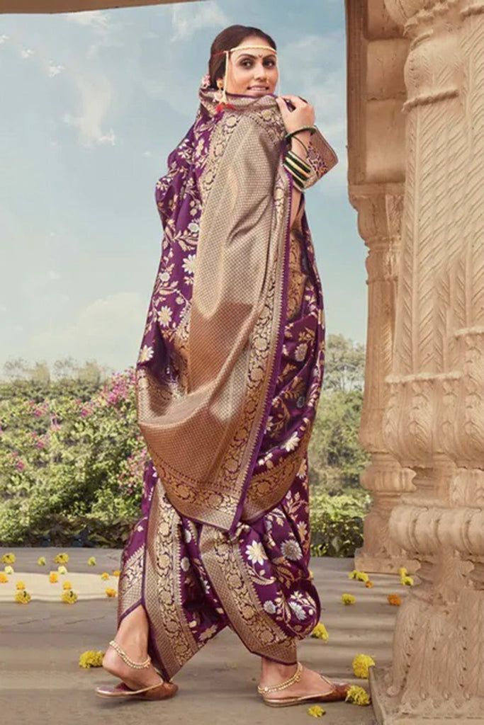 Purple Banarasi Silk Saree With Zari Weaving Work Clothsvilla