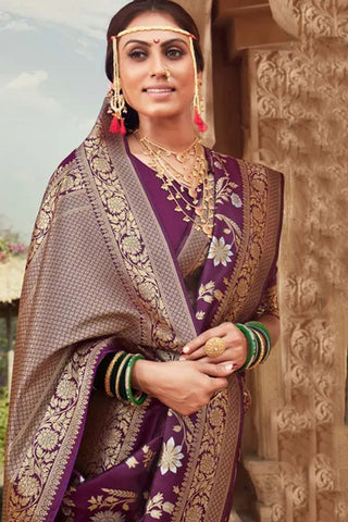 Purple Banarasi Silk Saree With Zari Weaving Work Clothsvilla