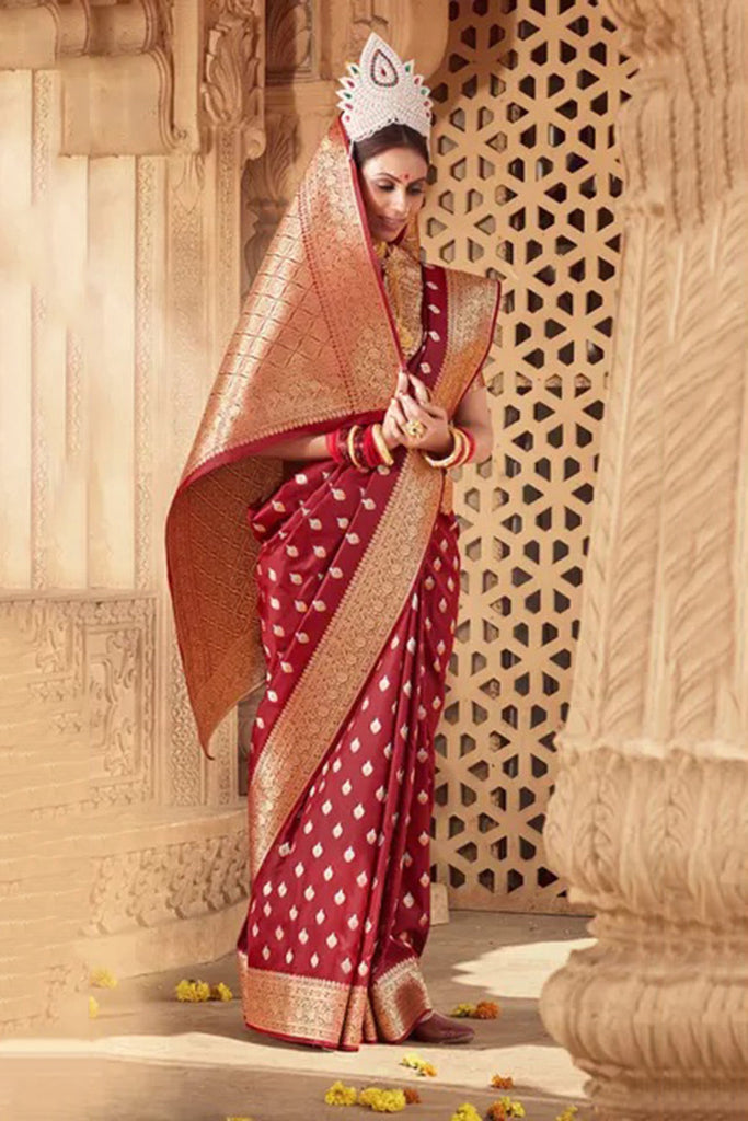 Maroon Banarasi Silk Saree With Zari Weaving Work Clothsvilla