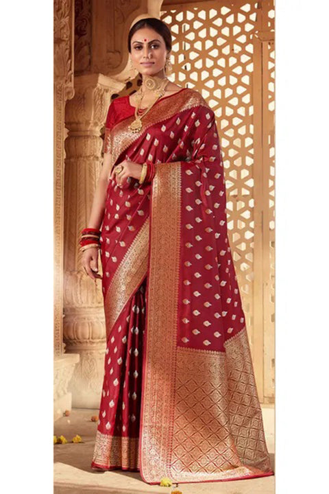 Maroon Banarasi Silk Saree With Zari Weaving Work Clothsvilla Main image