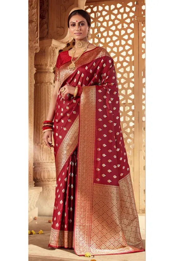 Maroon Banarasi Silk Saree With Zari Weaving Work Clothsvilla