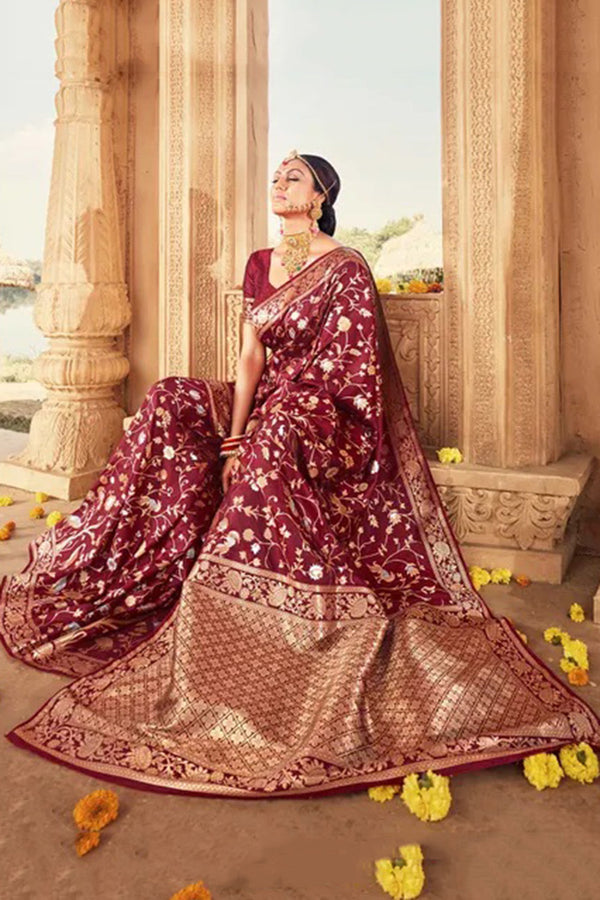Dark Maroon Banarasi Silk Saree With Zari Weaving Work Clothsvilla