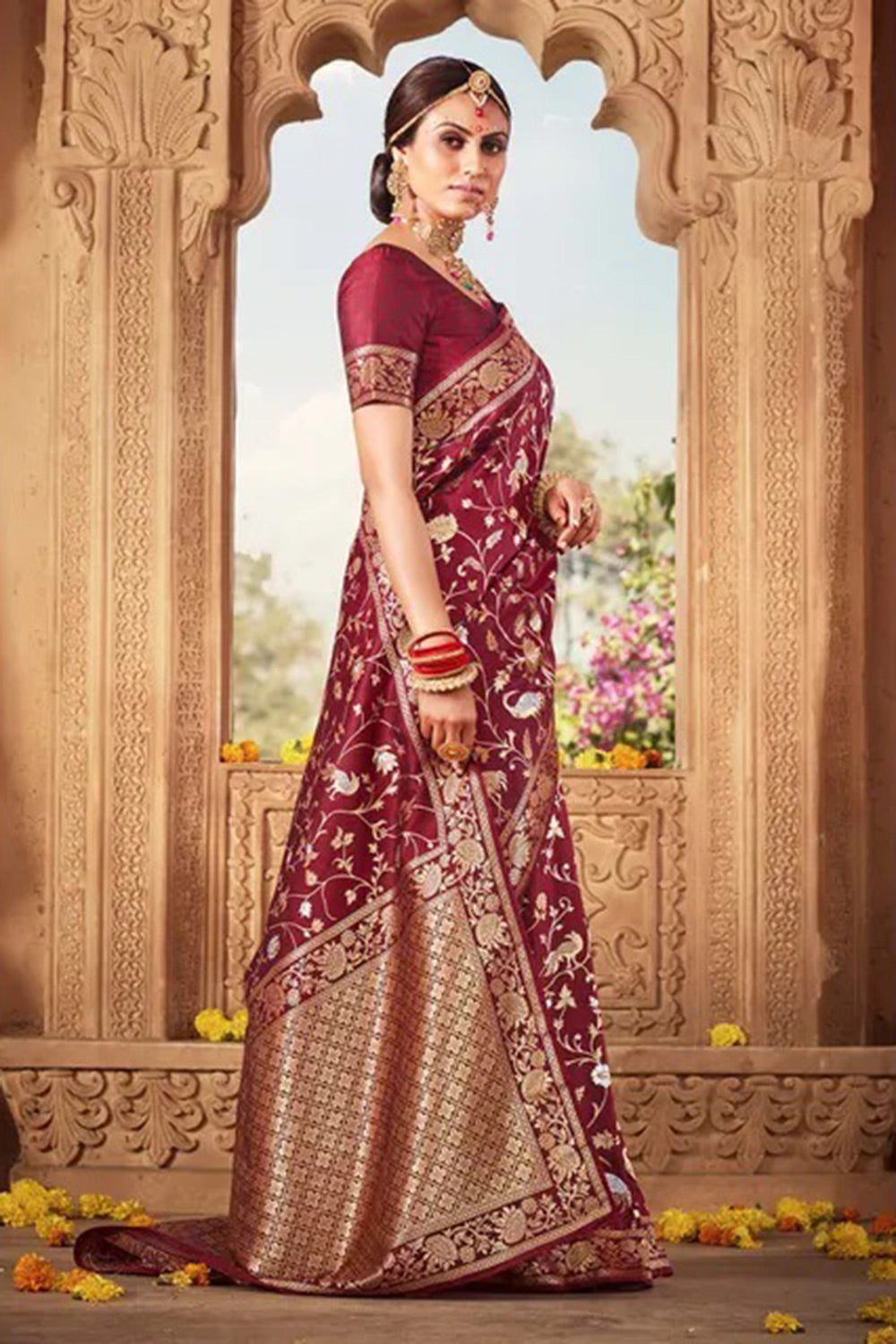 Dark Maroon Banarasi Silk Saree With Zari Weaving Work Clothsvilla