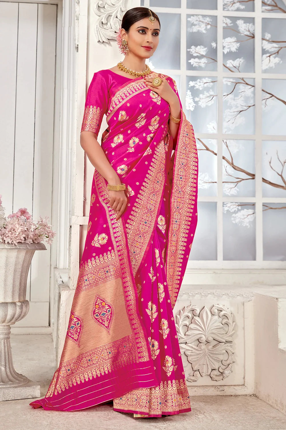 Rani Pink Banarasi Silk Saree With Zari Weaving Work Clothsvilla