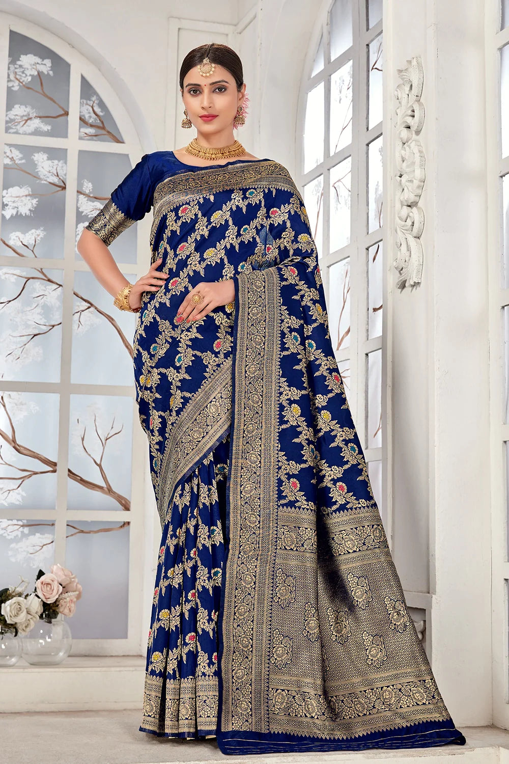Blue Banarasi Silk Saree With Zari Weaving Work Clothsvilla
