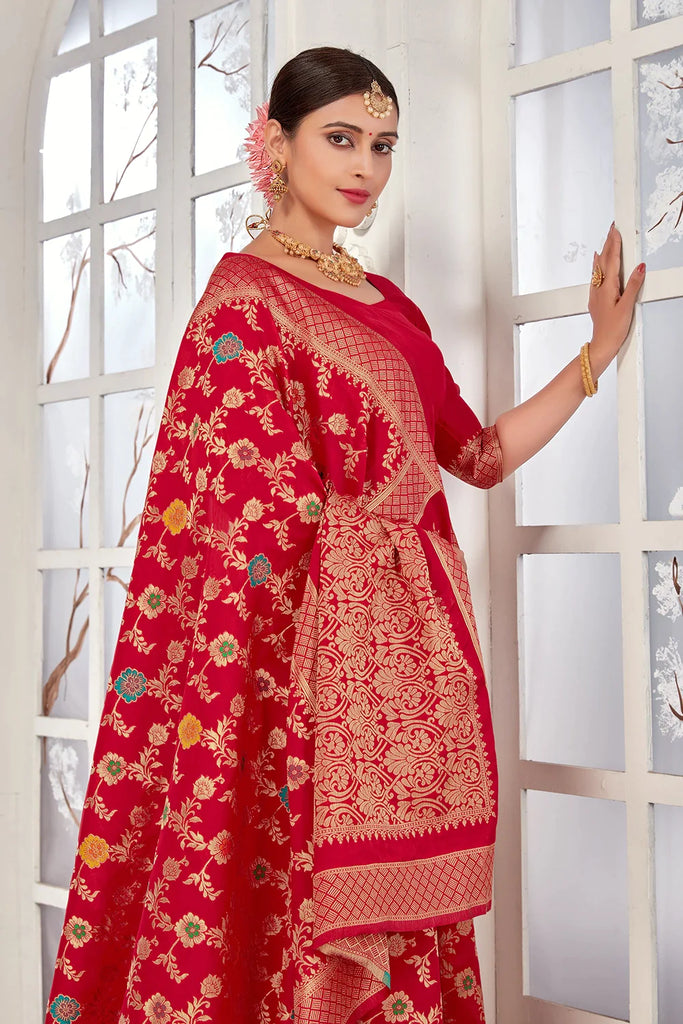 Red Banarasi Silk Saree With Zari Weaving Work Clothsvilla