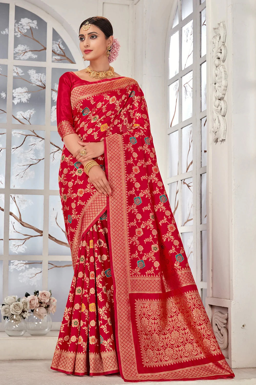 Red Banarasi Silk Saree With Zari Weaving Work Clothsvilla Main image