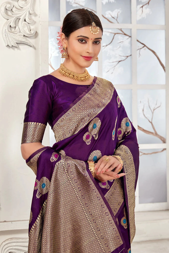 Purple Banarasi Silk Saree With Zari Weaving Work Clothsvilla