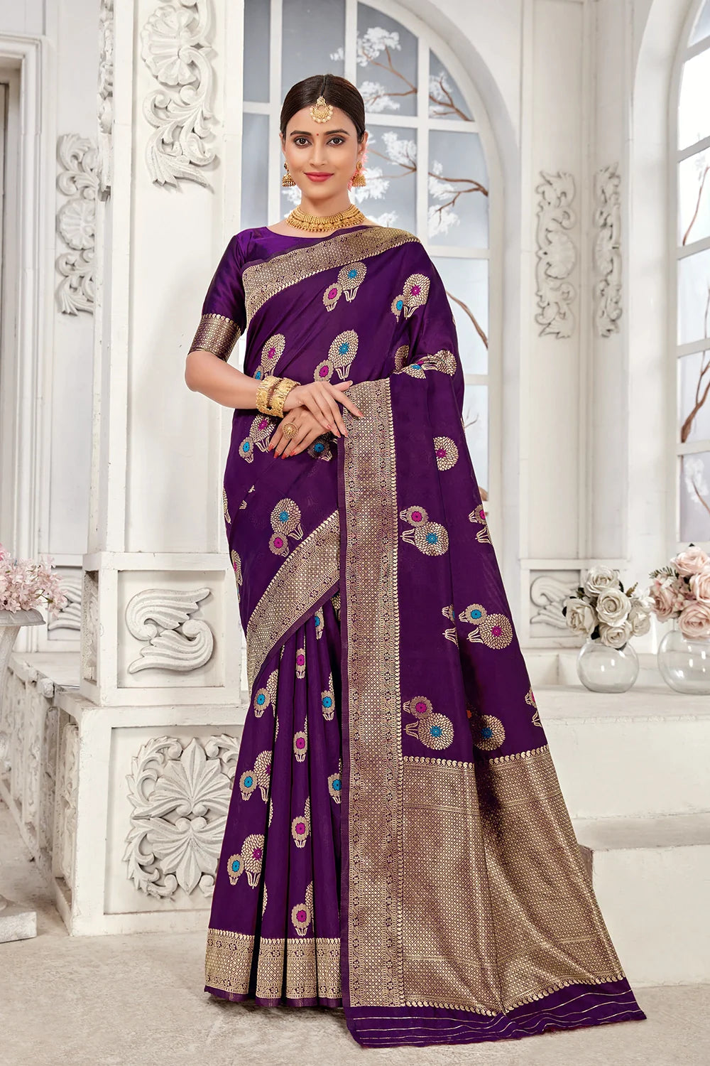 Purple Banarasi Silk Saree With Zari Weaving Work Clothsvilla Main image
