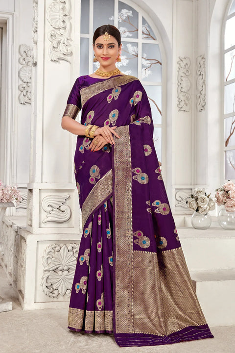 Purple Banarasi Silk Saree With Zari Weaving Work Clothsvilla Main image
