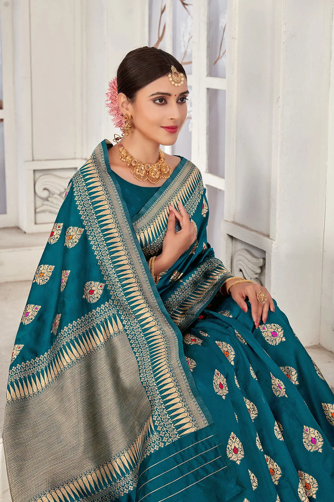 Rama Blue Banarasi Silk Saree With Zari Weaving Work Clothsvilla