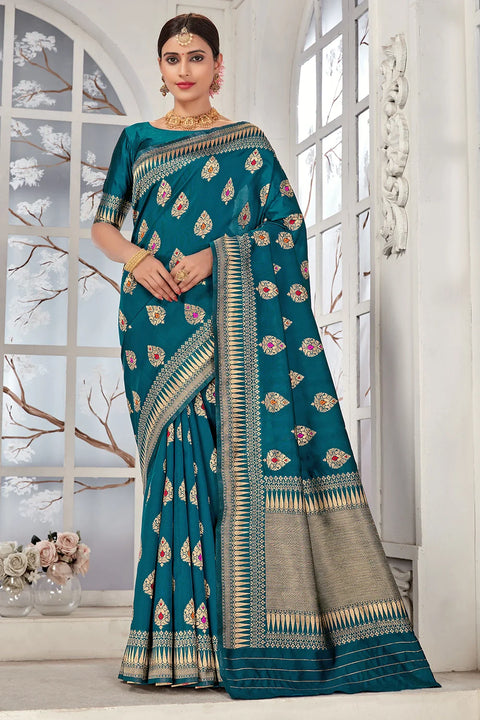 Rama Blue Banarasi Silk Saree With Zari Weaving Work Clothsvilla Main image