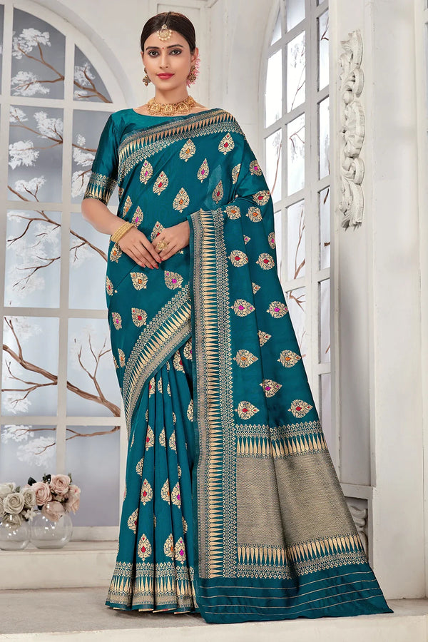 Rama Blue Banarasi Silk Saree With Zari Weaving Work Clothsvilla