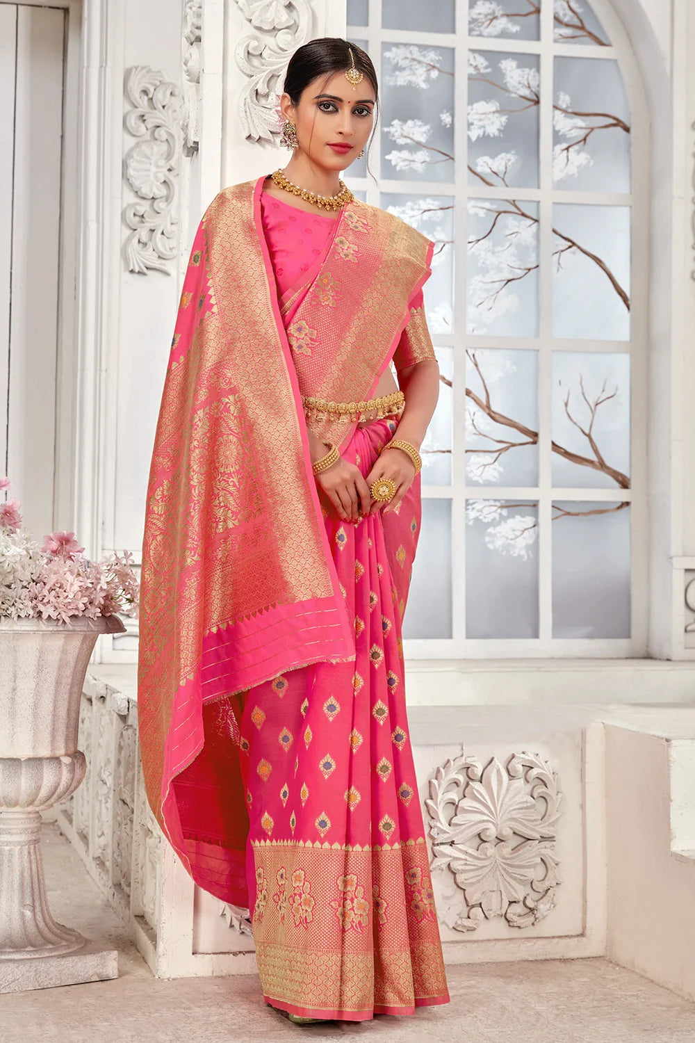 Pink Banarasi Silk Saree With Zari Weaving Work Clothsvilla Main image