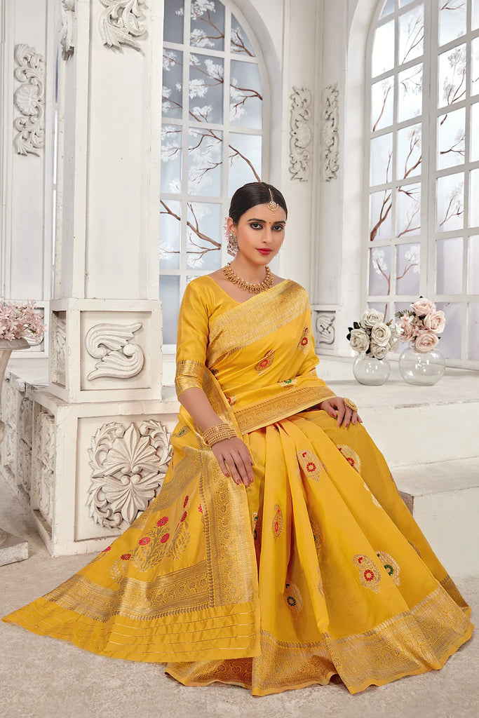 Yellow Banarasi Silk Saree With Zari Weaving Work Clothsvilla