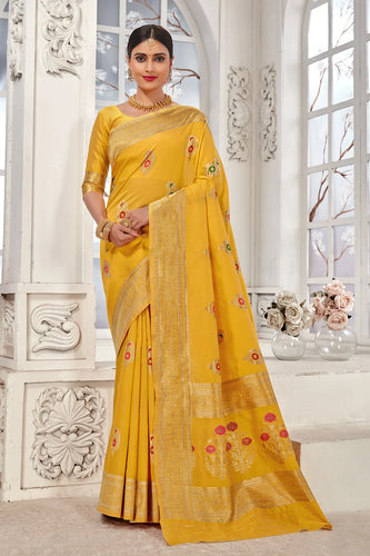 Yellow Banarasi Silk Saree With Zari Weaving Work Clothsvilla