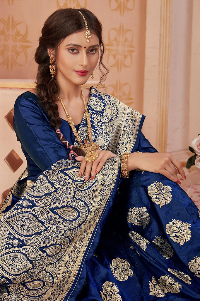 Blue Banarasi Silk Saree With Zari Weaving Work Clothsvilla
