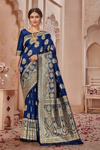 Blue Banarasi Silk Saree With Zari Weaving Work Clothsvilla