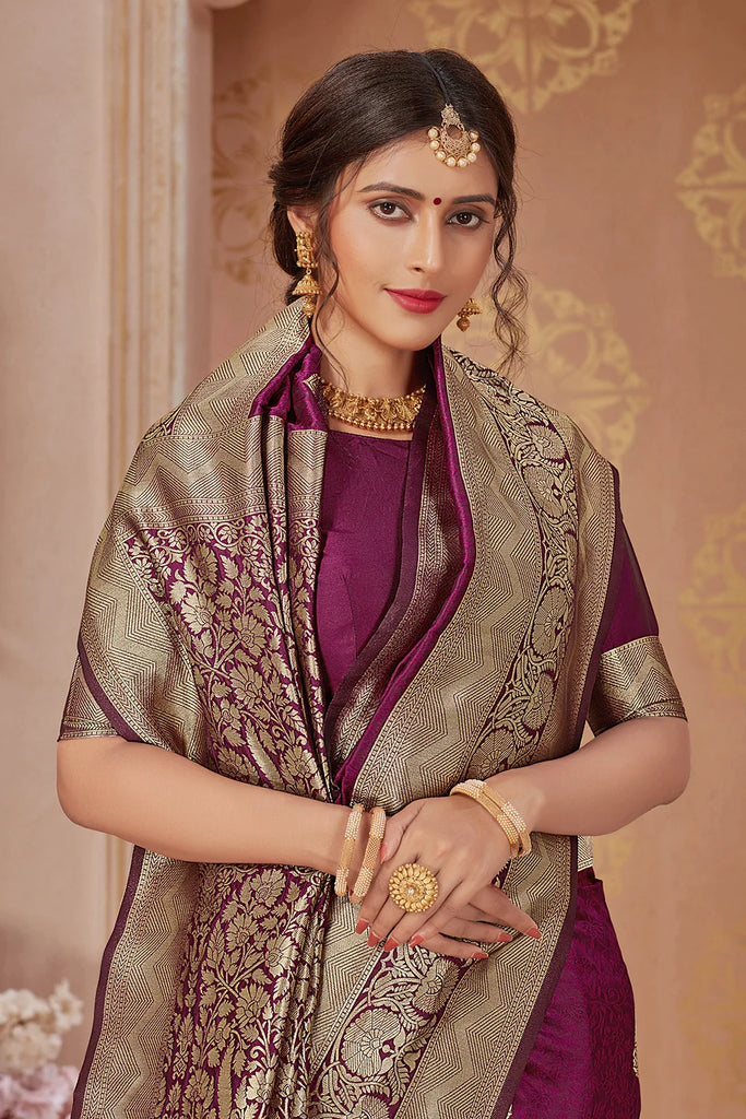 Magenta Banarasi Silk Saree With Zari Weaving Work Clothsvilla