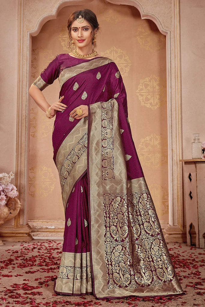 Magenta Banarasi Silk Saree With Zari Weaving Work Clothsvilla