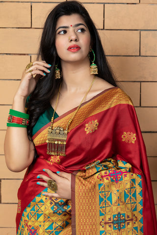 Magnetic Red Colored Festive Wear Woven Banarasi Silk Saree ClothsVilla