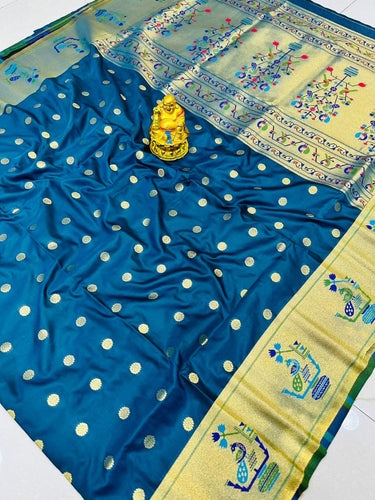 Dazzling Blue Paithani Silk Saree With Desiring Blouse Piece Manzar-Paithani Silk