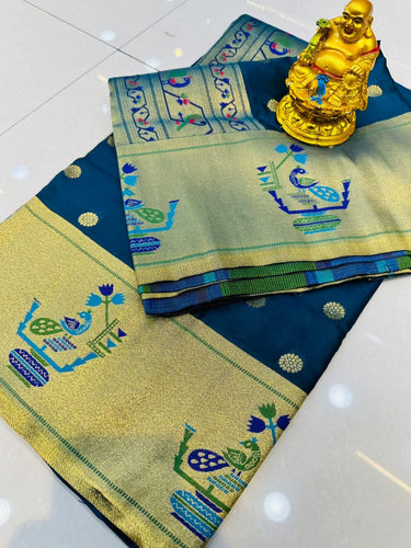 Dazzling Blue Paithani Silk Saree With Desiring Blouse Piece Manzar-Paithani Silk