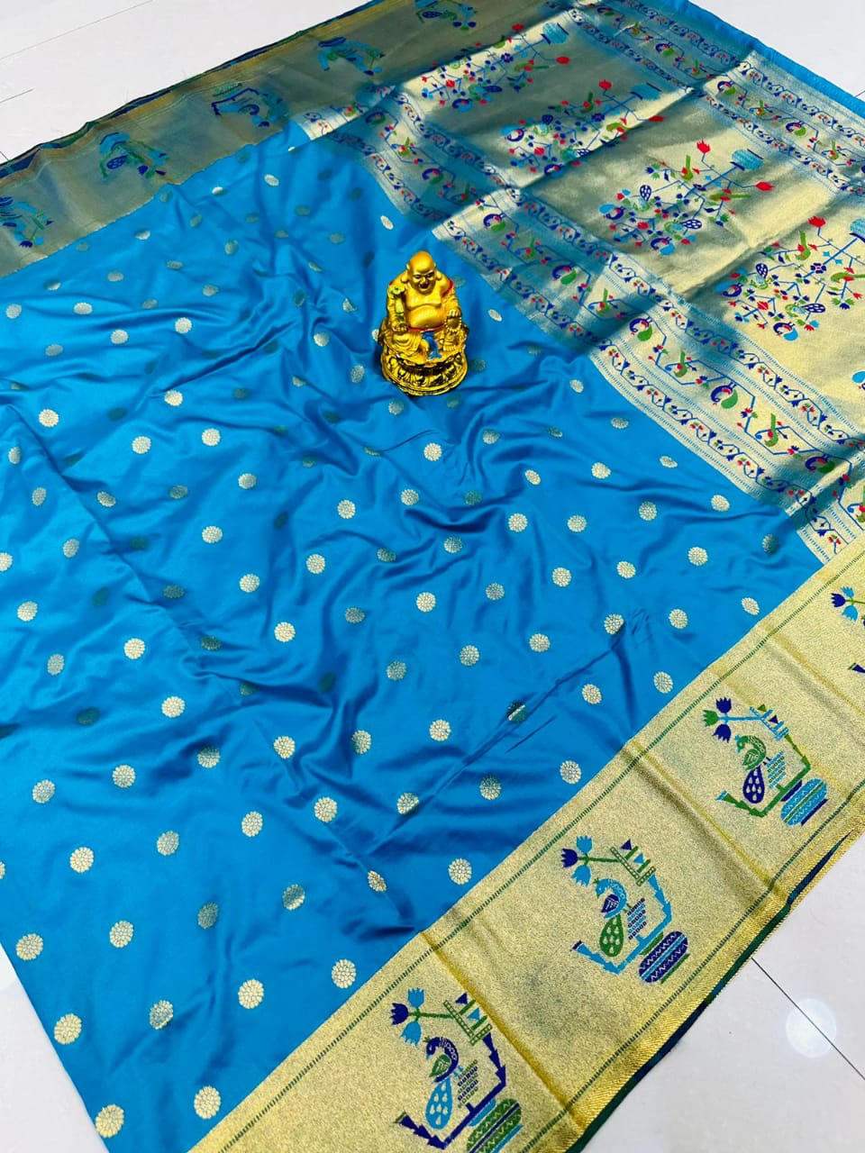 Sensational Firozi Paithani Silk Saree With Engrossing Blouse Piece Manzar-Paithani Silk Main image