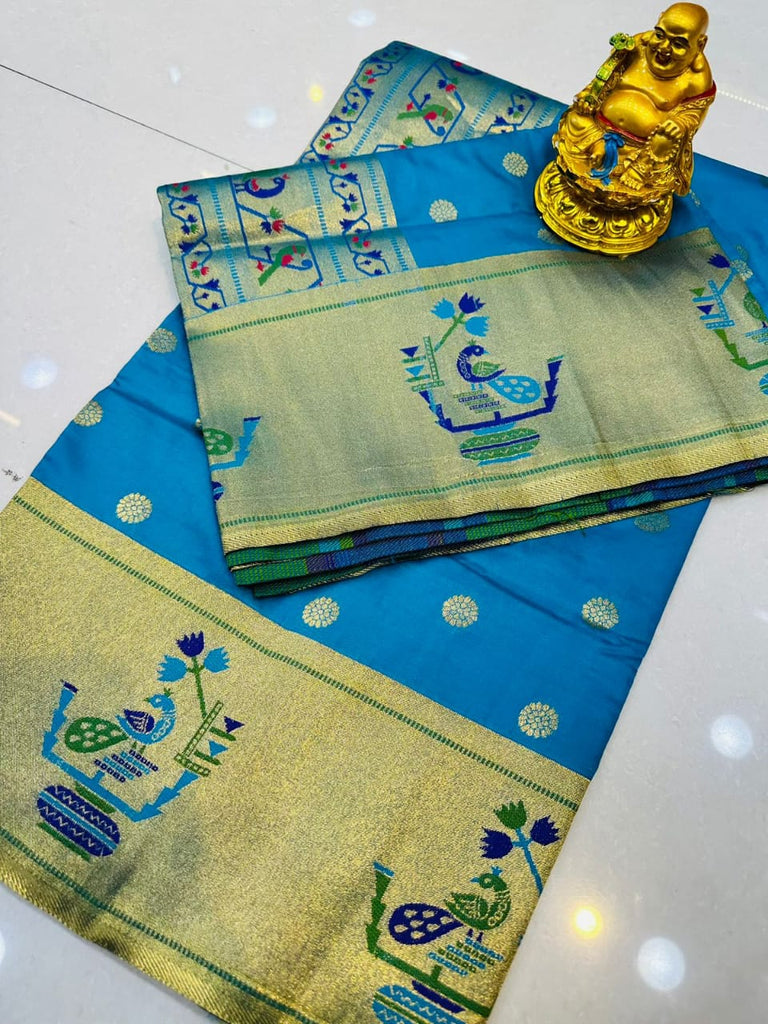 Sensational Firozi Paithani Silk Saree With Engrossing Blouse Piece Manzar-Paithani Silk