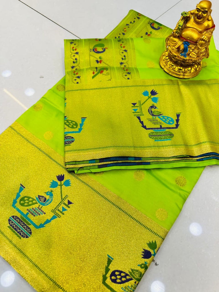 Preferable Parrot Paithani Silk Saree With Splendiferous Blouse Piece Manzar-Paithani Silk